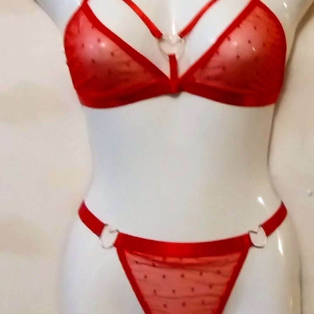 Sheer Polkadot (S) Heart Accent Ring Lingerie Set - NWOT